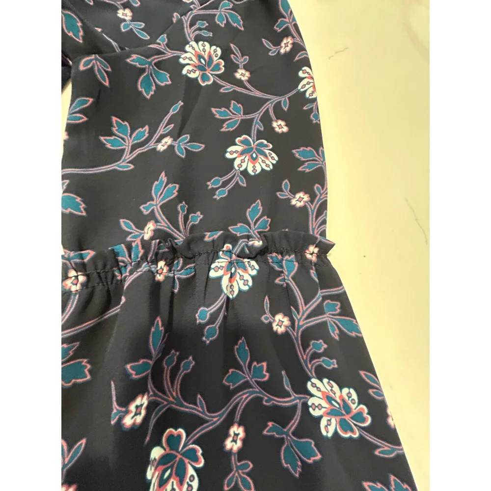 LOFT Navy Blue Floral Ruffle‎ Split Neck Long Sleeve Blouse XS Navy Pink Teal
